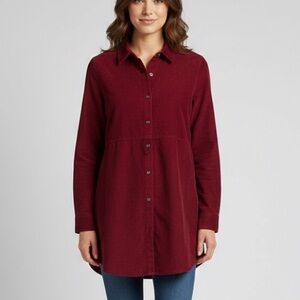 J. Jill Corduroy Tunic Shirt Sz M Burgundy Red 100% Cotton Long Sleeve Button Up